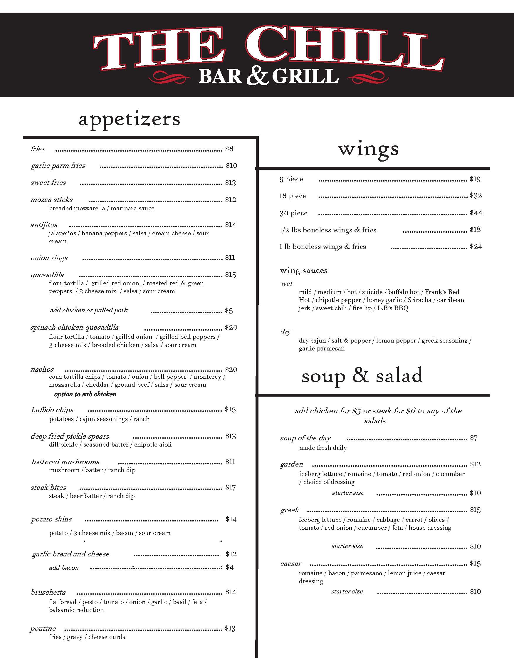 Chill Bar and Grill Waterloo menu